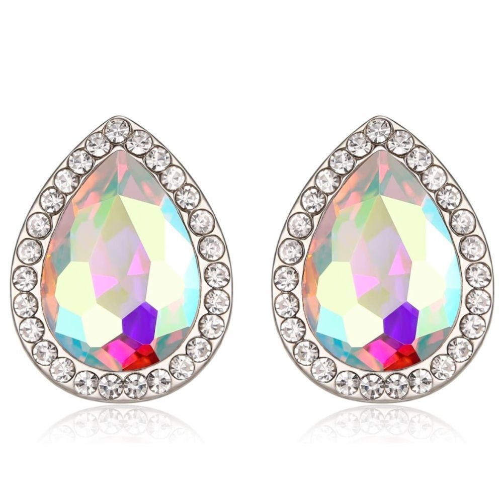 Silver with Iridescent AB and Diamond Austrian Crystal Teardrop Stud Earrings